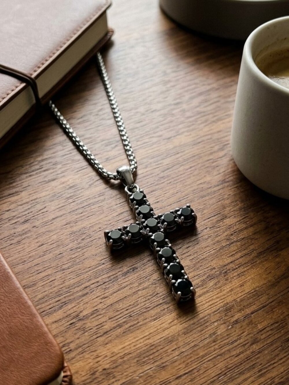 Mens Black Moissanite Diamond Cross Necklace 316L